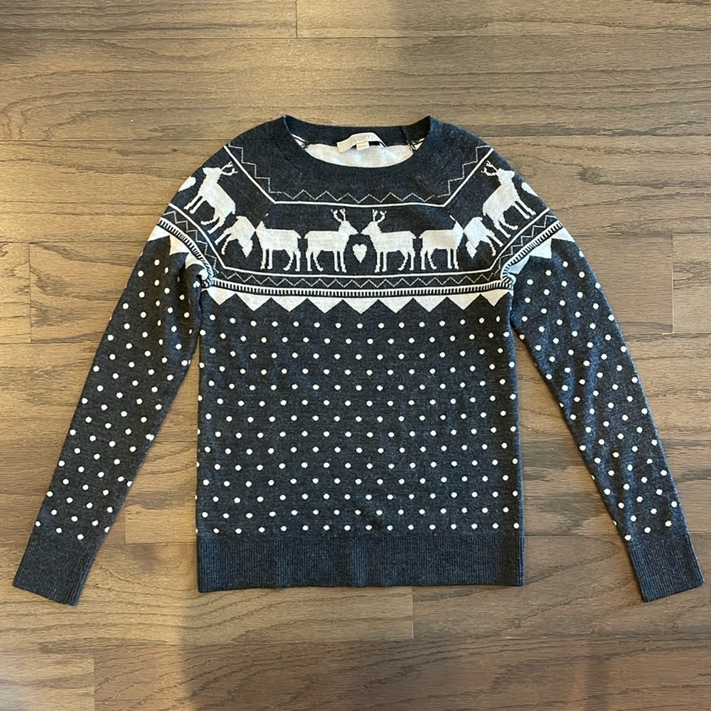 LOFT Grey and White Polka Dot Deer Sweater - Size XS
